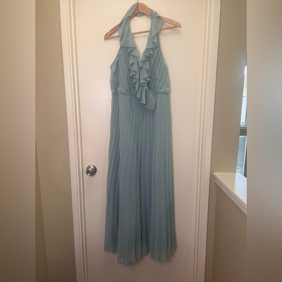 ASOS Design Dusty Blue Pleated Maxi Dress Ruffle Halter Formal Wedding Guest - Picture 2 of 11